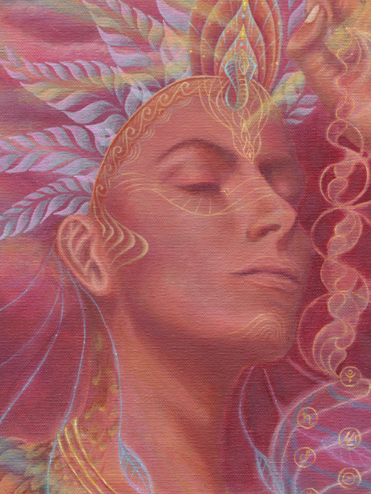 Weaver of Visions — crowned face in repose
