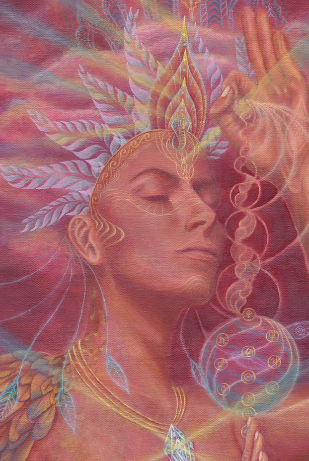 Weaver of Visions — flame crown and DNA spiral